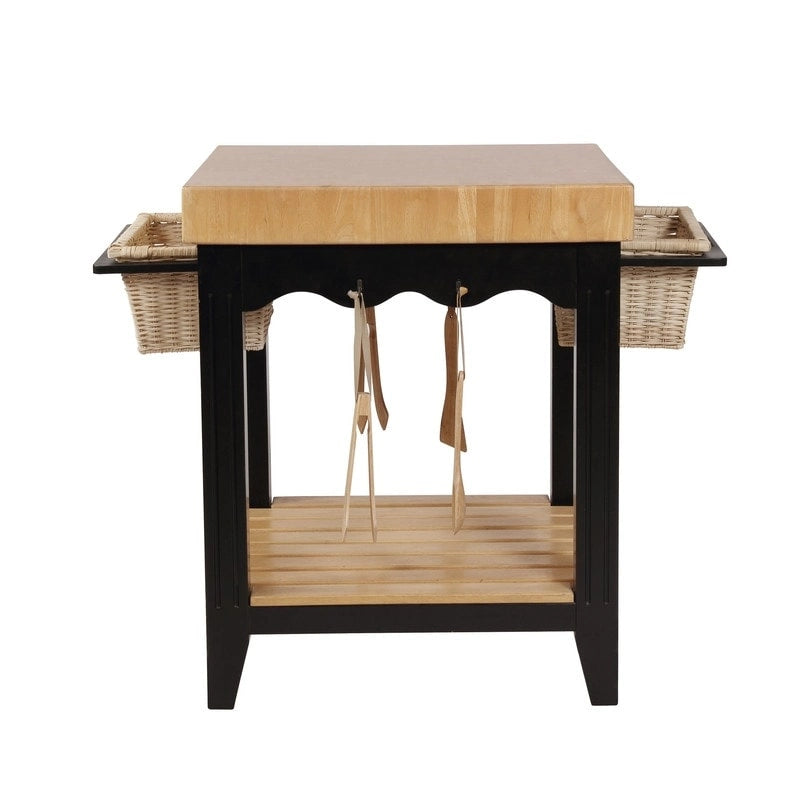 Isola da Cucina Quadrata con Piano in Legno Massello, 2 Cassetti a Cesto Estraibili e 4 Ganci per Utensili – Nero/Bianco, Singola