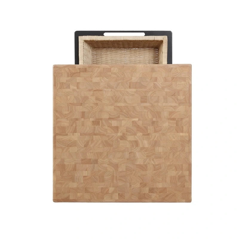 Isola da Cucina Quadrata con Piano in Legno Massello, 2 Cassetti a Cesto Estraibili e 4 Ganci per Utensili – Nero/Bianco, Singola