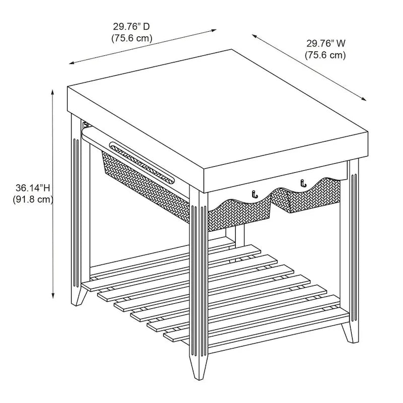 Isola da Cucina Quadrata con Piano in Legno Massello, 2 Cassetti a Cesto Estraibili e 4 Ganci per Utensili – Nero/Bianco, Singola