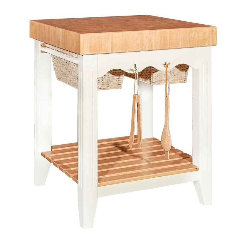 Isola da Cucina Quadrata con Piano in Legno Massello, 2 Cassetti a Cesto Estraibili e 4 Ganci per Utensili – Nero/Bianco, Singola