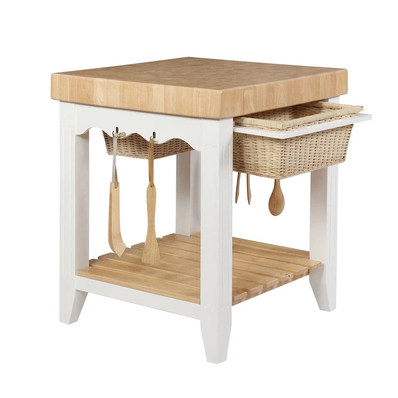 Isola da Cucina Quadrata con Piano in Legno Massello, 2 Cassetti a Cesto Estraibili e 4 Ganci per Utensili – Nero/Bianco, Singola