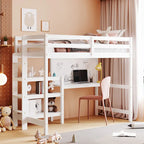 Letto a soppalco in legno di pino con mensole a 3 ripiani, scrivania, lavagna bianca e ringhiere di sicurezza – Bianco/Grigio, singolo/matrimoniale, 1 posto letto