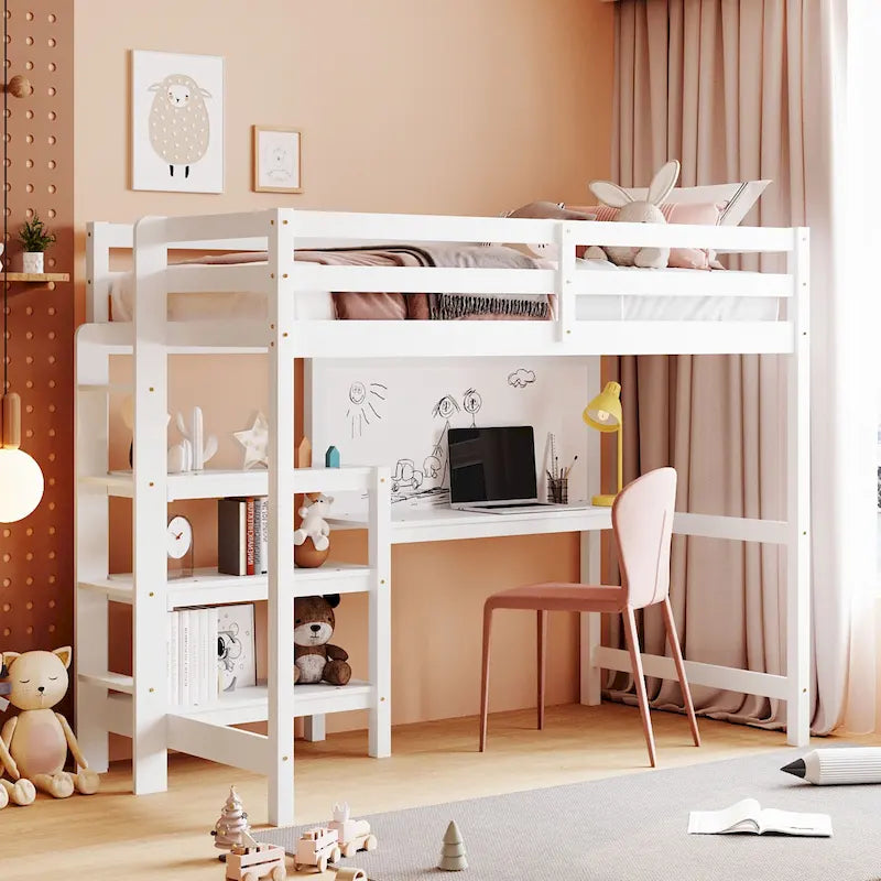 Letto a soppalco in legno di pino con mensole a 3 ripiani, scrivania, lavagna bianca e ringhiere di sicurezza – Bianco/Grigio, singolo/matrimoniale, 1 posto letto