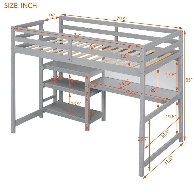 Letto a soppalco in legno di pino con mensole a 3 ripiani, scrivania, lavagna bianca e ringhiere di sicurezza – Bianco/Grigio, singolo/matrimoniale, 1 posto letto