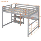 Letto a soppalco in legno di pino con mensole a 3 ripiani, scrivania, lavagna bianca e ringhiere di sicurezza – Bianco/Grigio, singolo/matrimoniale, 1 posto letto
