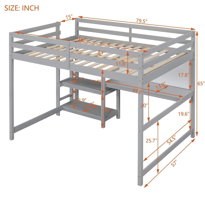 Letto a soppalco in legno di pino con mensole a 3 ripiani, scrivania, lavagna bianca e ringhiere di sicurezza – Bianco/Grigio, singolo/matrimoniale, 1 posto letto