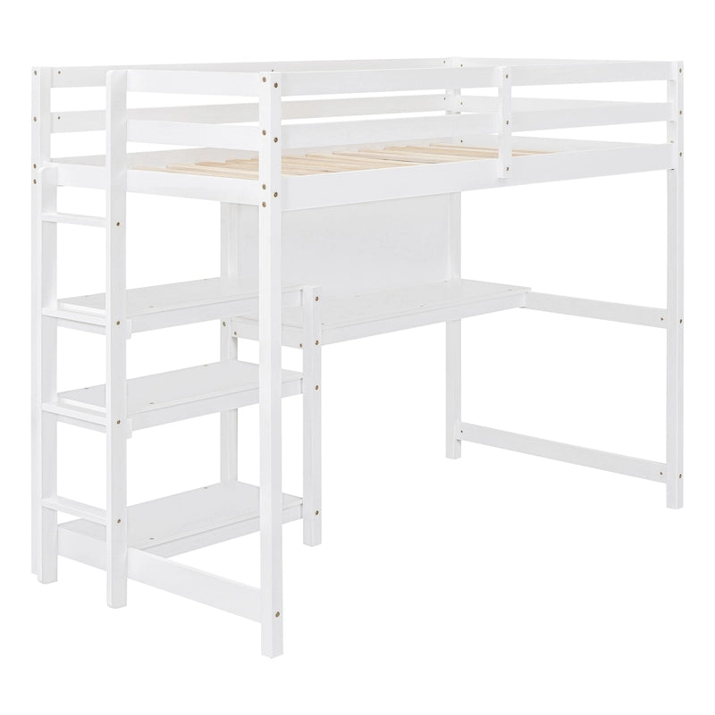 Letto a soppalco in legno di pino con mensole a 3 ripiani, scrivania, lavagna bianca e ringhiere di sicurezza – Bianco/Grigio, singolo/matrimoniale, 1 posto letto
