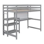 Letto a soppalco in legno di pino con mensole a 3 ripiani, scrivania, lavagna bianca e ringhiere di sicurezza – Bianco/Grigio, singolo/matrimoniale, 1 posto letto