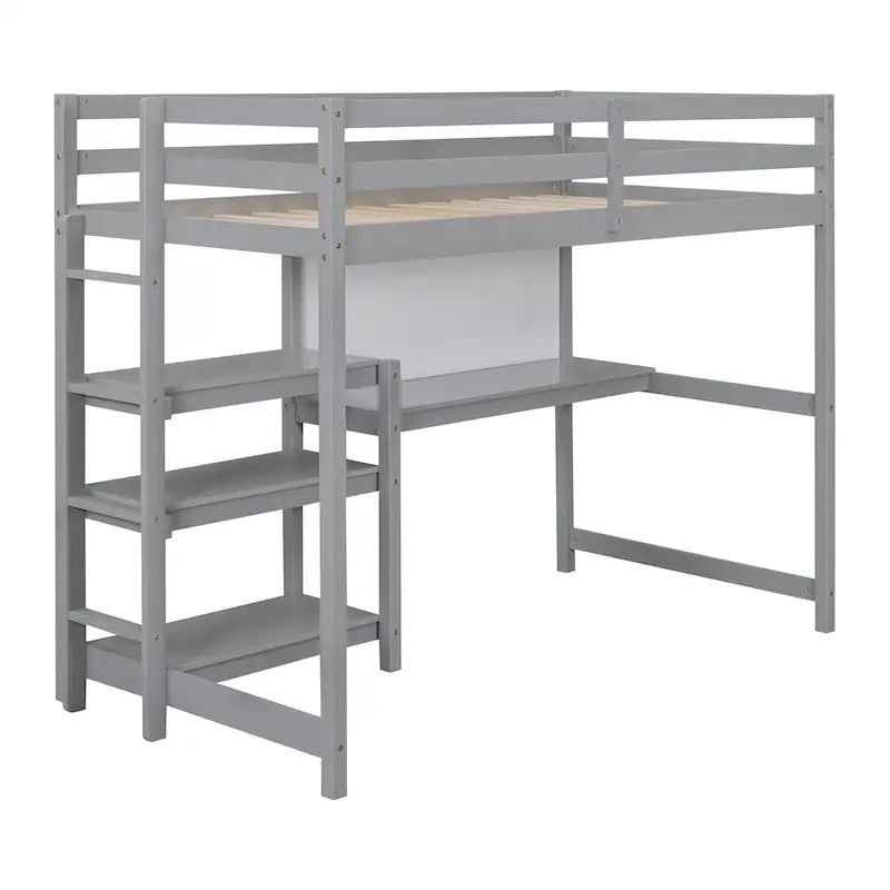Letto a soppalco in legno di pino con mensole a 3 ripiani, scrivania, lavagna bianca e ringhiere di sicurezza – Bianco/Grigio, singolo/matrimoniale, 1 posto letto