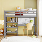 Letto a soppalco in legno di pino con mensole a 3 ripiani, scrivania, lavagna bianca e ringhiere di sicurezza – Bianco/Grigio, singolo/matrimoniale, 1 posto letto
