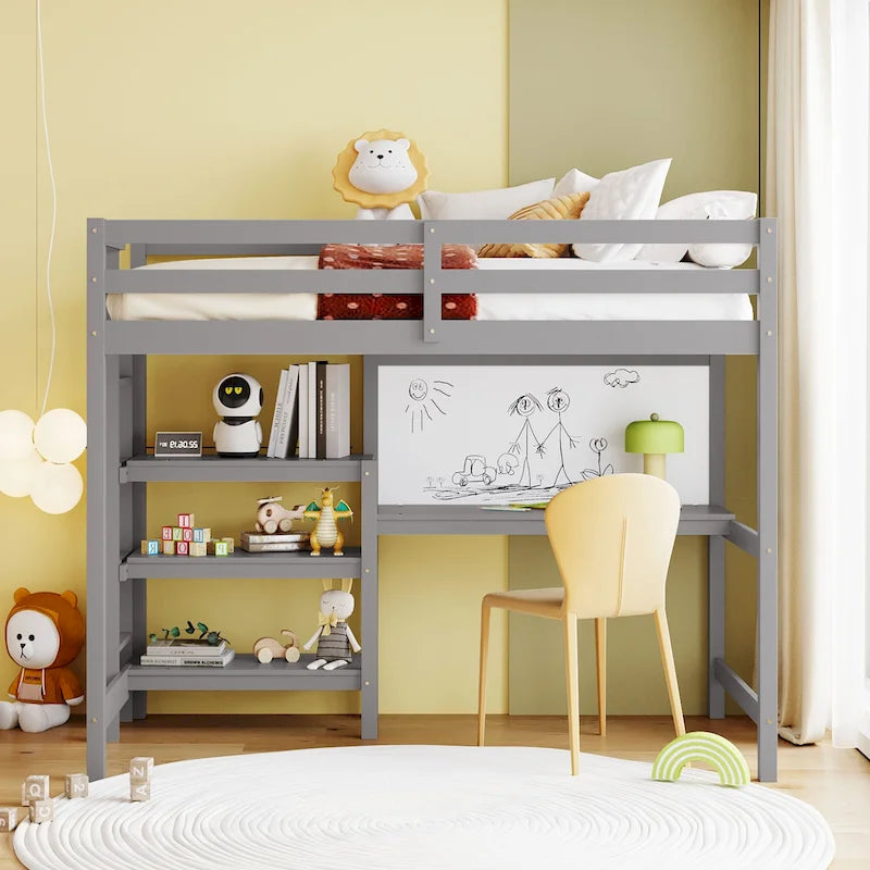 Letto a soppalco in legno di pino con mensole a 3 ripiani, scrivania, lavagna bianca e ringhiere di sicurezza – Bianco/Grigio, singolo/matrimoniale, 1 posto letto