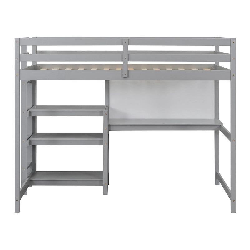 Letto a soppalco in legno di pino con mensole a 3 ripiani, scrivania, lavagna bianca e ringhiere di sicurezza – Bianco/Grigio, singolo/matrimoniale, 1 posto letto