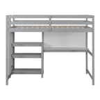 Letto a soppalco in legno di pino con mensole a 3 ripiani, scrivania, lavagna bianca e ringhiere di sicurezza – Bianco/Grigio, singolo/matrimoniale, 1 posto letto