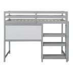 Letto a soppalco in legno di pino con mensole a 3 ripiani, scrivania, lavagna bianca e ringhiere di sicurezza – Bianco/Grigio, singolo/matrimoniale, 1 posto letto