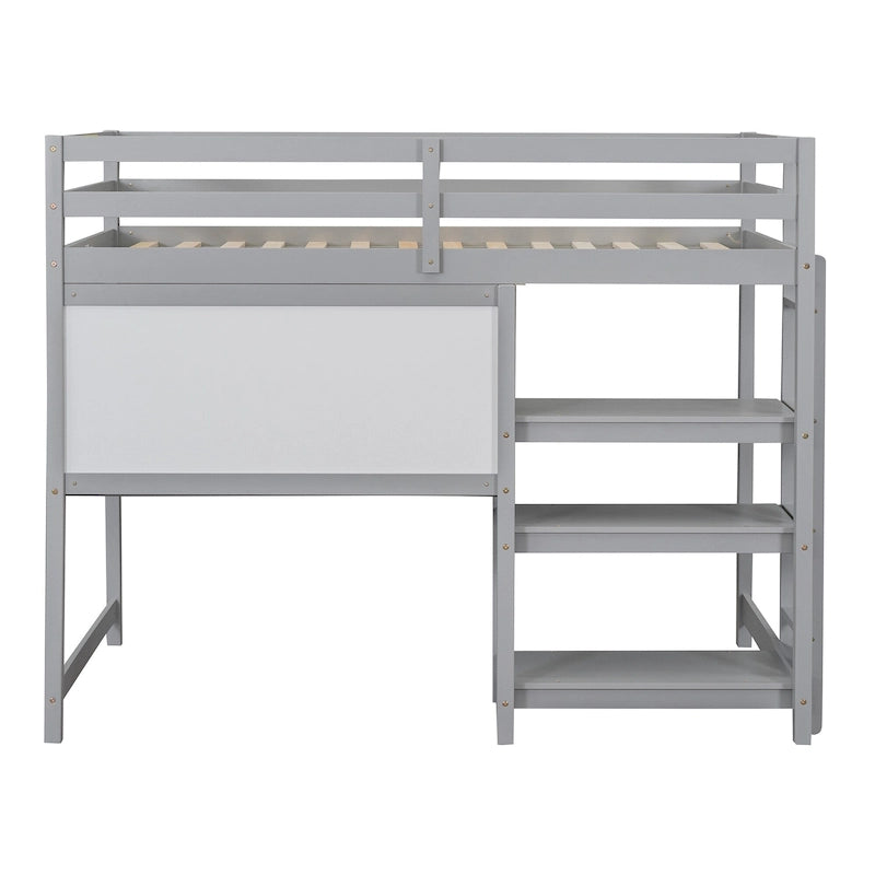 Letto a soppalco in legno di pino con mensole a 3 ripiani, scrivania, lavagna bianca e ringhiere di sicurezza – Bianco/Grigio, singolo/matrimoniale, 1 posto letto