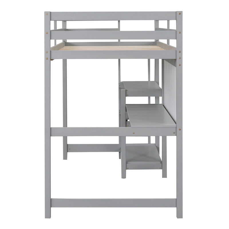 Letto a soppalco in legno di pino con mensole a 3 ripiani, scrivania, lavagna bianca e ringhiere di sicurezza – Bianco/Grigio, singolo/matrimoniale, 1 posto letto