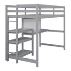 Letto a soppalco in legno di pino con mensole a 3 ripiani, scrivania, lavagna bianca e ringhiere di sicurezza – Bianco/Grigio, singolo/matrimoniale, 1 posto letto