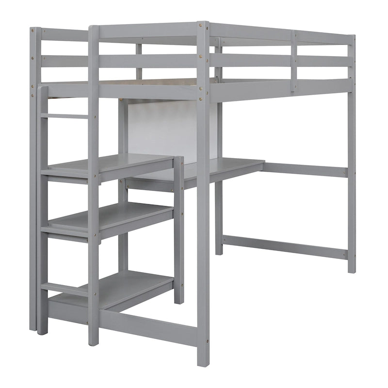 Letto a soppalco in legno di pino con mensole a 3 ripiani, scrivania, lavagna bianca e ringhiere di sicurezza – Bianco/Grigio, singolo/matrimoniale, 1 posto letto