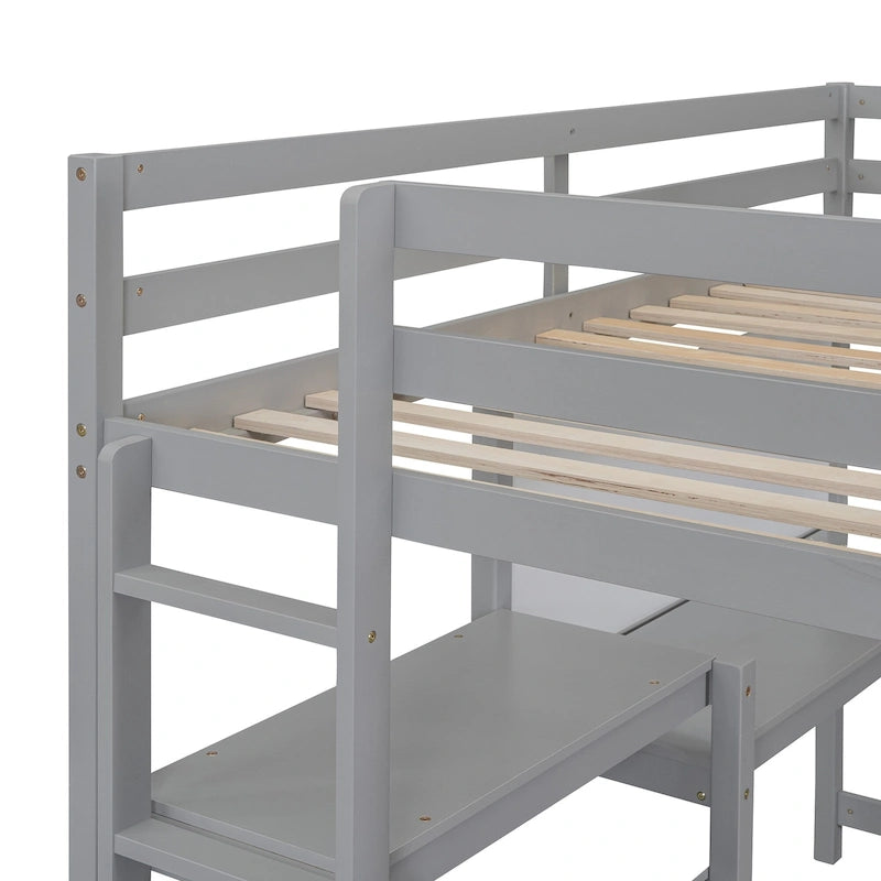 Letto a soppalco in legno di pino con mensole a 3 ripiani, scrivania, lavagna bianca e ringhiere di sicurezza – Bianco/Grigio, singolo/matrimoniale, 1 posto letto