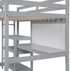 Letto a soppalco in legno di pino con mensole a 3 ripiani, scrivania, lavagna bianca e ringhiere di sicurezza – Bianco/Grigio, singolo/matrimoniale, 1 posto letto