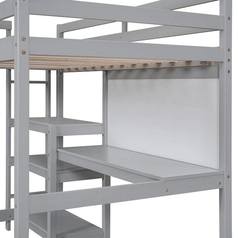 Letto a soppalco in legno di pino con mensole a 3 ripiani, scrivania, lavagna bianca e ringhiere di sicurezza – Bianco/Grigio, singolo/matrimoniale, 1 posto letto