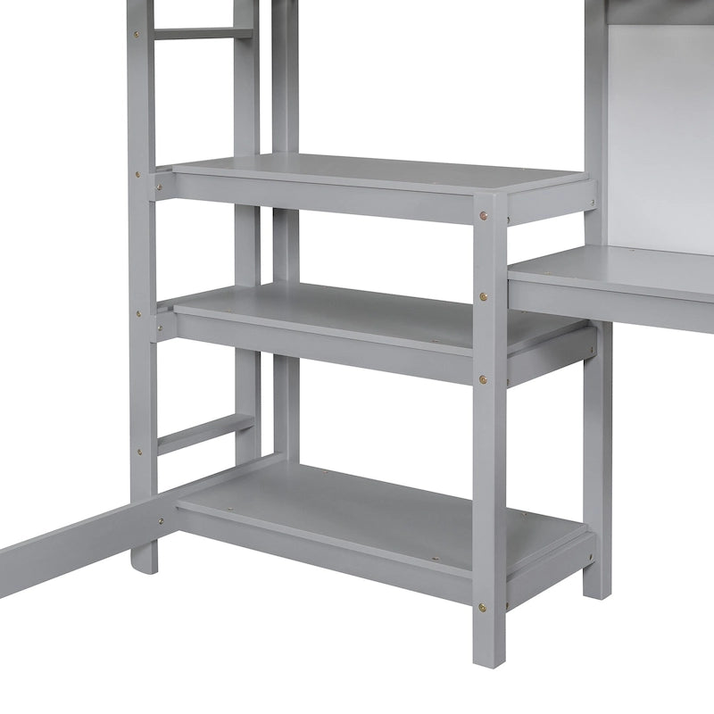 Letto a soppalco in legno di pino con mensole a 3 ripiani, scrivania, lavagna bianca e ringhiere di sicurezza – Bianco/Grigio, singolo/matrimoniale, 1 posto letto