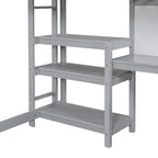Letto a soppalco in legno di pino con mensole a 3 ripiani, scrivania, lavagna bianca e ringhiere di sicurezza – Bianco/Grigio, singolo/matrimoniale, 1 posto letto