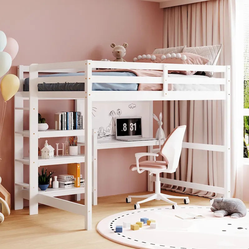 Letto a soppalco in legno di pino con mensole a 3 ripiani, scrivania, lavagna bianca e ringhiere di sicurezza – Bianco/Grigio, singolo/matrimoniale, 1 posto letto