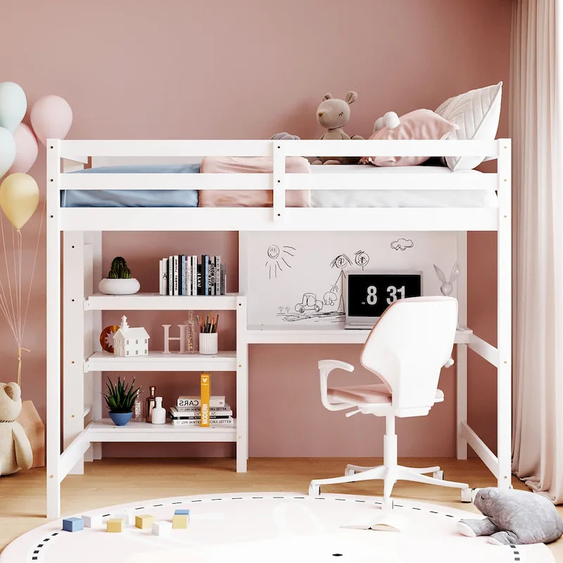 Letto a soppalco in legno di pino con mensole a 3 ripiani, scrivania, lavagna bianca e ringhiere di sicurezza – Bianco/Grigio, singolo/matrimoniale, 1 posto letto