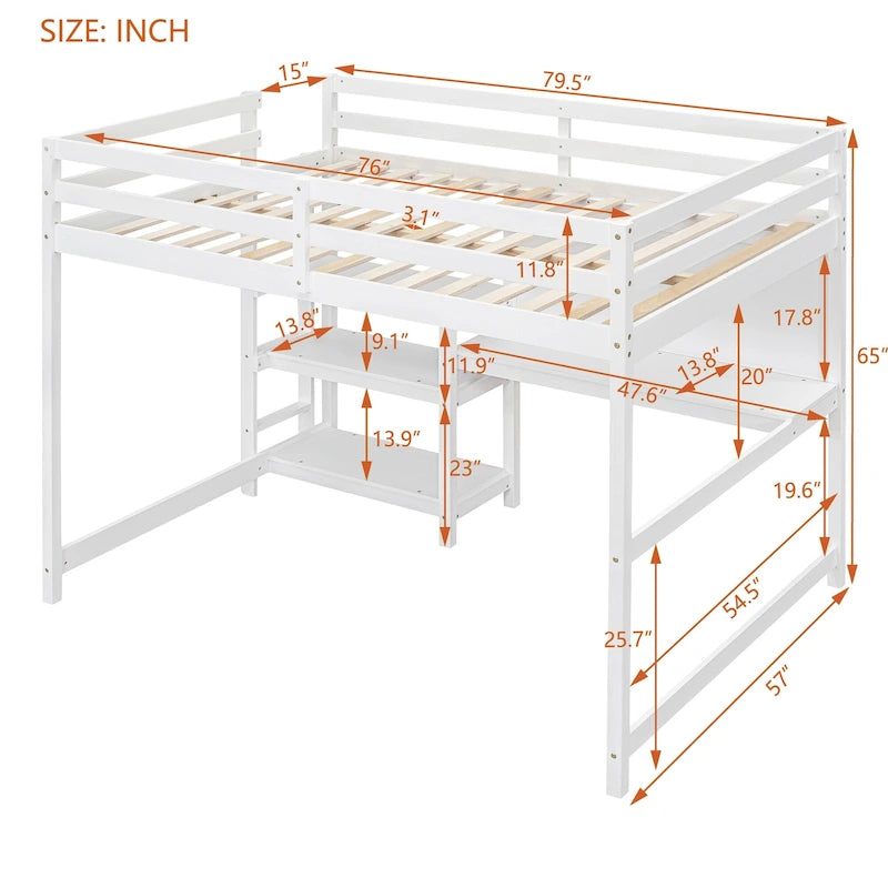 Letto a soppalco in legno di pino con mensole a 3 ripiani, scrivania, lavagna bianca e ringhiere di sicurezza – Bianco/Grigio, singolo/matrimoniale, 1 posto letto