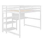 Letto a soppalco in legno di pino con mensole a 3 ripiani, scrivania, lavagna bianca e ringhiere di sicurezza – Bianco/Grigio, singolo/matrimoniale, 1 posto letto