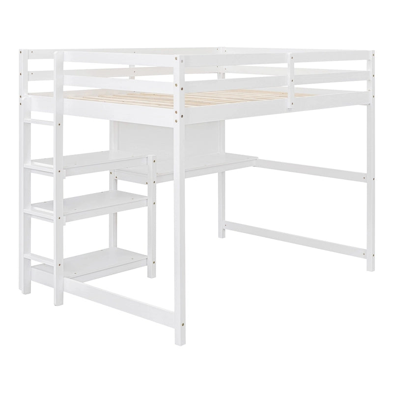 Letto a soppalco in legno di pino con mensole a 3 ripiani, scrivania, lavagna bianca e ringhiere di sicurezza – Bianco/Grigio, singolo/matrimoniale, 1 posto letto