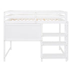 Letto a soppalco in legno di pino con mensole a 3 ripiani, scrivania, lavagna bianca e ringhiere di sicurezza – Bianco/Grigio, singolo/matrimoniale, 1 posto letto