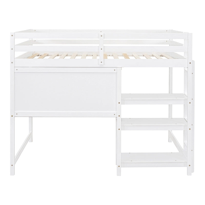Letto a soppalco in legno di pino con mensole a 3 ripiani, scrivania, lavagna bianca e ringhiere di sicurezza – Bianco/Grigio, singolo/matrimoniale, 1 posto letto