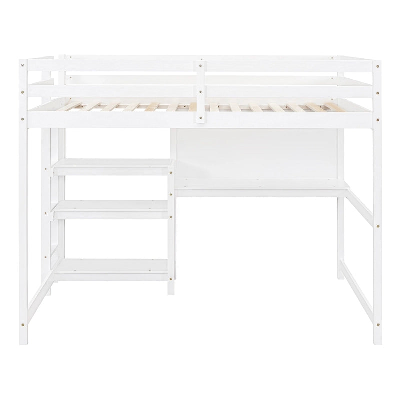 Letto a soppalco in legno di pino con mensole a 3 ripiani, scrivania, lavagna bianca e ringhiere di sicurezza – Bianco/Grigio, singolo/matrimoniale, 1 posto letto