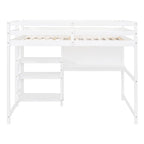 Letto a soppalco in legno di pino con mensole a 3 ripiani, scrivania, lavagna bianca e ringhiere di sicurezza – Bianco/Grigio, singolo/matrimoniale, 1 posto letto