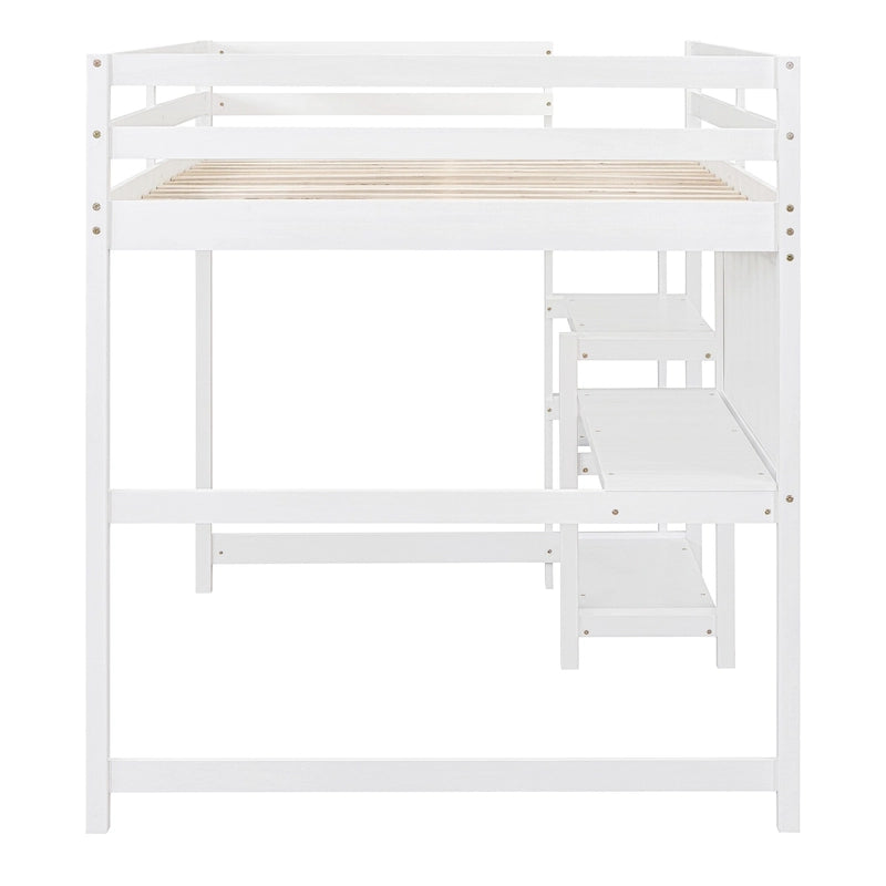 Letto a soppalco in legno di pino con mensole a 3 ripiani, scrivania, lavagna bianca e ringhiere di sicurezza – Bianco/Grigio, singolo/matrimoniale, 1 posto letto