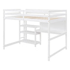 Letto a soppalco in legno di pino con mensole a 3 ripiani, scrivania, lavagna bianca e ringhiere di sicurezza – Bianco/Grigio, singolo/matrimoniale, 1 posto letto