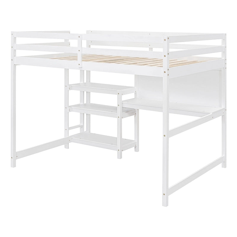 Letto a soppalco in legno di pino con mensole a 3 ripiani, scrivania, lavagna bianca e ringhiere di sicurezza – Bianco/Grigio, singolo/matrimoniale, 1 posto letto
