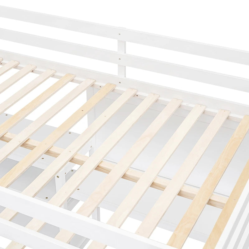 Letto a soppalco in legno di pino con mensole a 3 ripiani, scrivania, lavagna bianca e ringhiere di sicurezza – Bianco/Grigio, singolo/matrimoniale, 1 posto letto