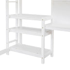 Letto a soppalco in legno di pino con mensole a 3 ripiani, scrivania, lavagna bianca e ringhiere di sicurezza – Bianco/Grigio, singolo/matrimoniale, 1 posto letto