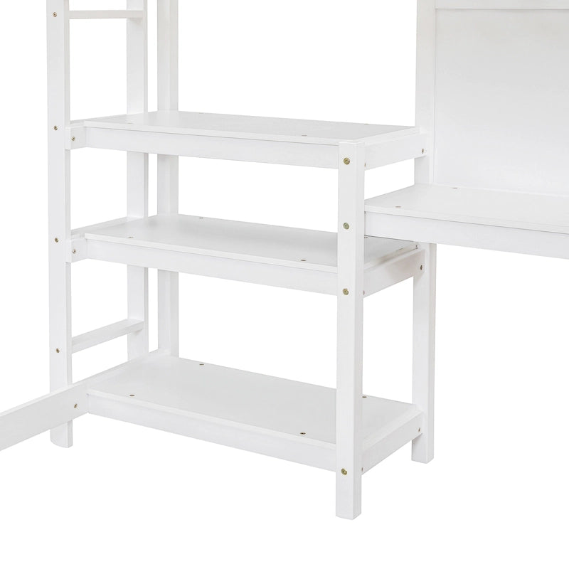 Letto a soppalco in legno di pino con mensole a 3 ripiani, scrivania, lavagna bianca e ringhiere di sicurezza – Bianco/Grigio, singolo/matrimoniale, 1 posto letto