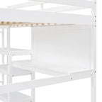 Letto a soppalco in legno di pino con mensole a 3 ripiani, scrivania, lavagna bianca e ringhiere di sicurezza – Bianco/Grigio, singolo/matrimoniale, 1 posto letto