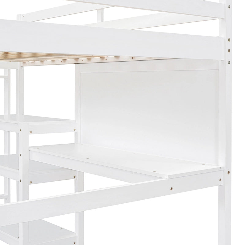 Letto a soppalco in legno di pino con mensole a 3 ripiani, scrivania, lavagna bianca e ringhiere di sicurezza – Bianco/Grigio, singolo/matrimoniale, 1 posto letto