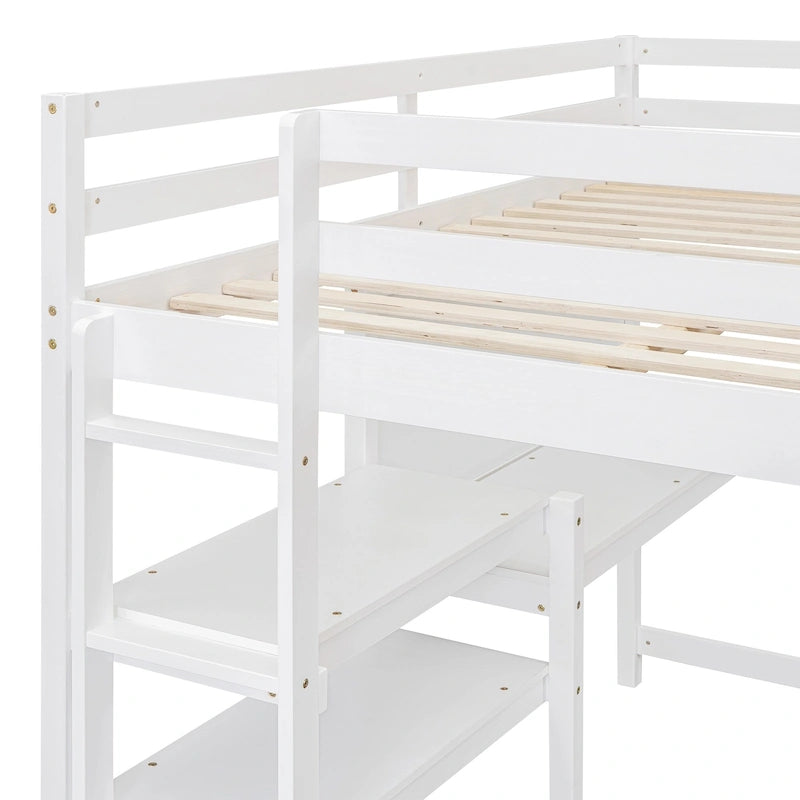 Letto a soppalco in legno di pino con mensole a 3 ripiani, scrivania, lavagna bianca e ringhiere di sicurezza – Bianco/Grigio, singolo/matrimoniale, 1 posto letto