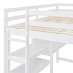 Letto a soppalco in legno di pino con mensole a 3 ripiani, scrivania, lavagna bianca e ringhiere di sicurezza – Bianco/Grigio, singolo/matrimoniale, 1 posto letto