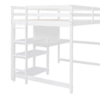 Letto a soppalco in legno di pino con mensole a 3 ripiani, scrivania, lavagna bianca e ringhiere di sicurezza – Bianco/Grigio, singolo/matrimoniale, 1 posto letto