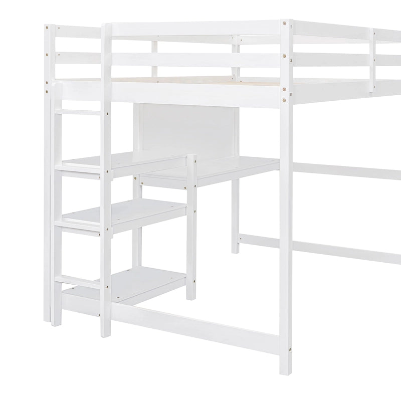 Letto a soppalco in legno di pino con mensole a 3 ripiani, scrivania, lavagna bianca e ringhiere di sicurezza – Bianco/Grigio, singolo/matrimoniale, 1 posto letto
