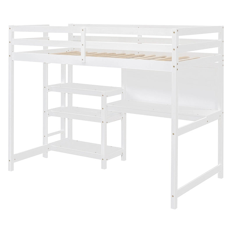 Letto a soppalco in legno di pino con mensole a 3 ripiani, scrivania, lavagna bianca e ringhiere di sicurezza – Bianco/Grigio, singolo/matrimoniale, 1 posto letto