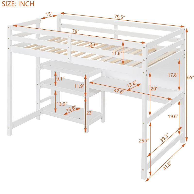 Letto a soppalco in legno di pino con mensole a 3 ripiani, scrivania, lavagna bianca e ringhiere di sicurezza – Bianco/Grigio, singolo/matrimoniale, 1 posto letto